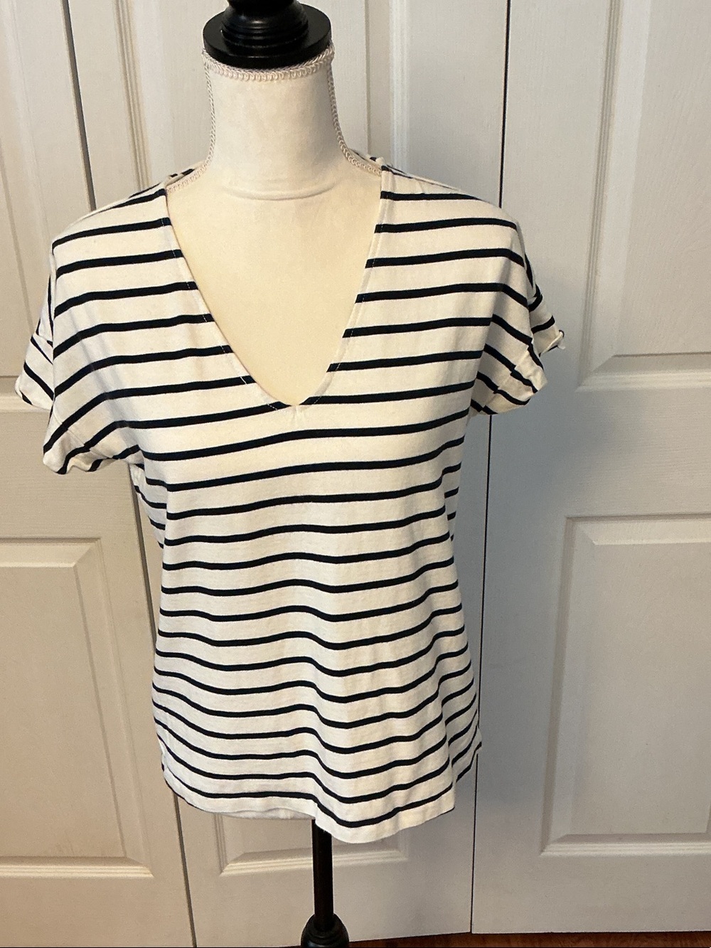 J. Crew White V-Neck Tee with Black Stripes